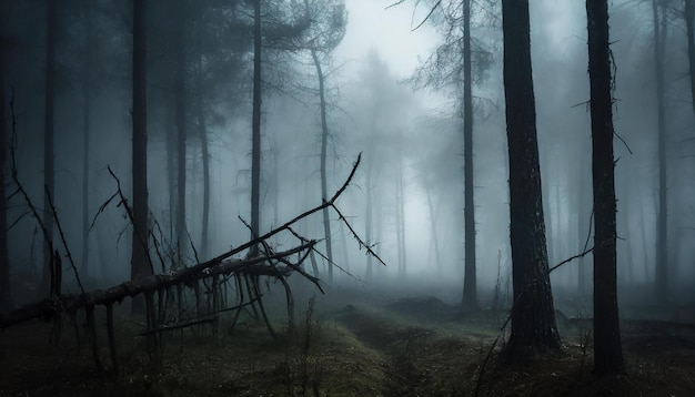 Dark forest with dead trees in fog Dry broken branches Mysterious scenery Mystical atmosphere