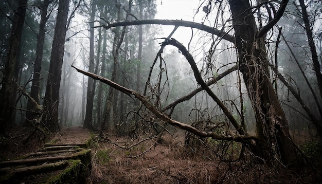 Dark forest with dead trees in fog Dry broken branches Mysterious scenery Mystical atmosphere