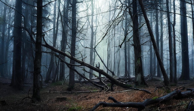 Dark forest with dead trees in fog Dry broken branches Mysterious scenery Mystical atmosphere