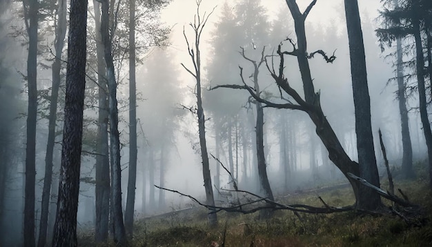 Dark forest with dead trees in fog Dry broken branches Mysterious scenery Mystical atmosphere