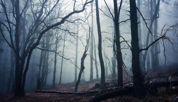 Dark forest with dead trees in fog Mysterious horror scenery Mystical atmosphere