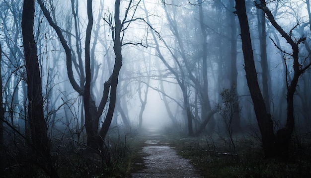 Dark forest with dead trees path in fog Mysterious horror scenery Mystical atmosphere