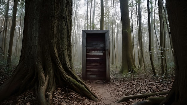 A dark forest with a door that says'the door '