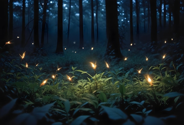 A dark forest with fireflies