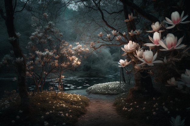 A dark forest with flowers on the ground and a lake in the background.