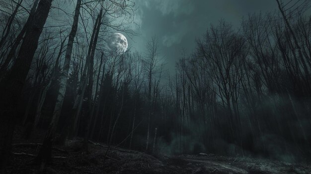 a dark forest with a full moon in the background