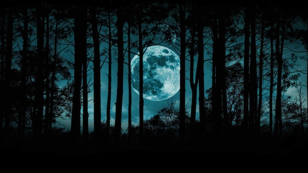 Photo a dark forest with a full moon peeking through the trees creating a mysterious and haunting background