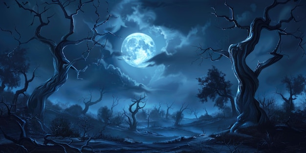 Dark forest with full moon in sky