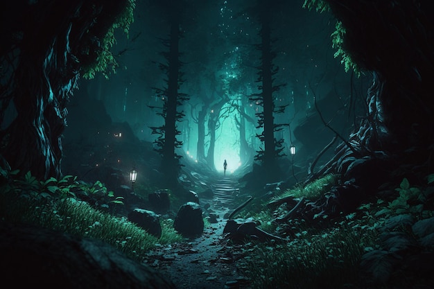 A dark forest with a glowing light and a person standing in the middle of it.