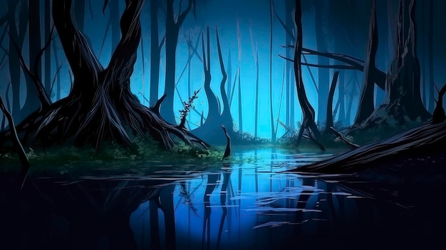 A dark forest with a lake and trees in the background.