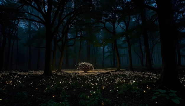 a dark forest with a light on the ground and a tree in the middle of it