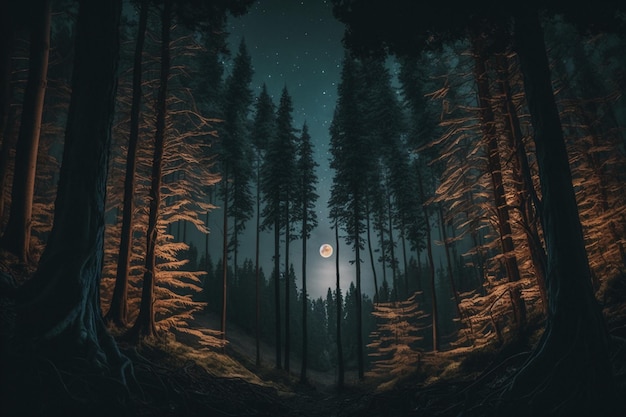 A dark forest with a moon in the background