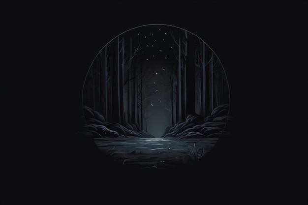 a dark forest with a moon in the background