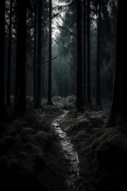 A dark forest with a path leading to the moon