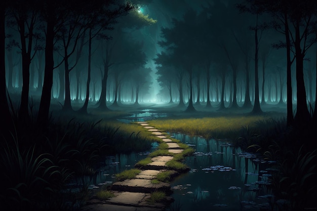 A dark forest with a path leading to the water.