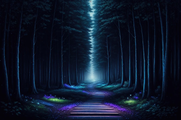 A dark forest with a path that has a light on it.