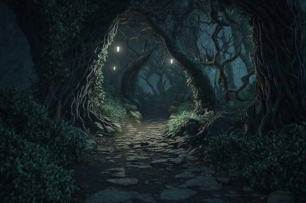 A dark forest with a path that has a light on it.