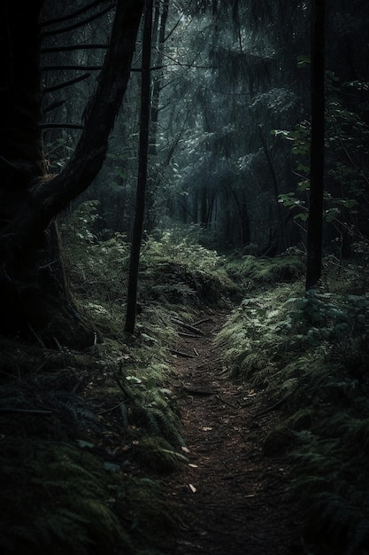 A dark forest with a path that has a light on it.