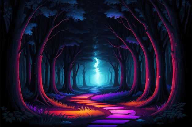 A dark forest with a path that has a moon on it.