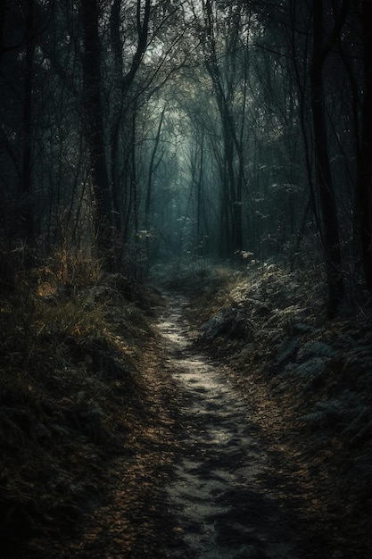 A dark forest with a path that has the word forest on it.