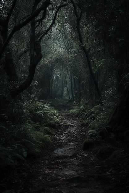 A dark forest with a path and trees