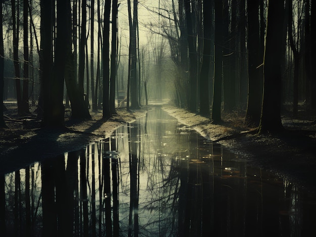 a dark forest with a path in the water