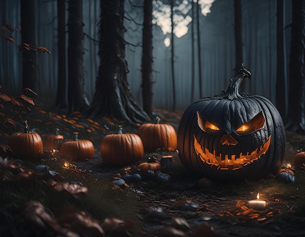 a dark forest with a pumpkin and a lit candle