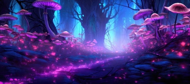 Dark Forest with Purple Glowing Mushrooms extreme closeup Generative AI