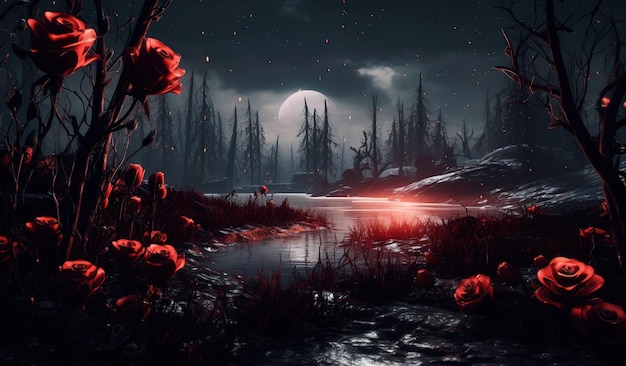 A dark forest with a red moon in the background