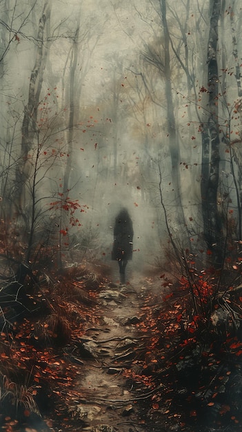 a dark forest with a silhouette of a woman walking in the woods