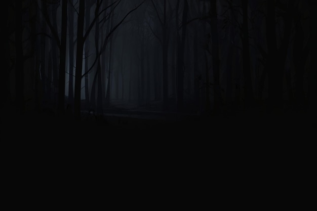 a dark forest with a spooky scene with a spooky light in the background