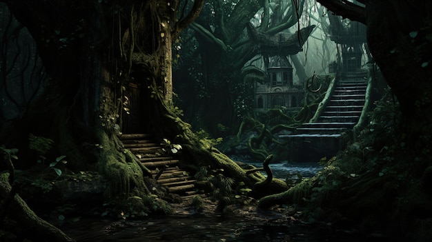 A dark forest with stairs leading to a dark forest.