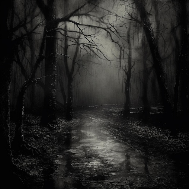 A dark forest with a stream in the middle of it and the word " dead " on the bottom.