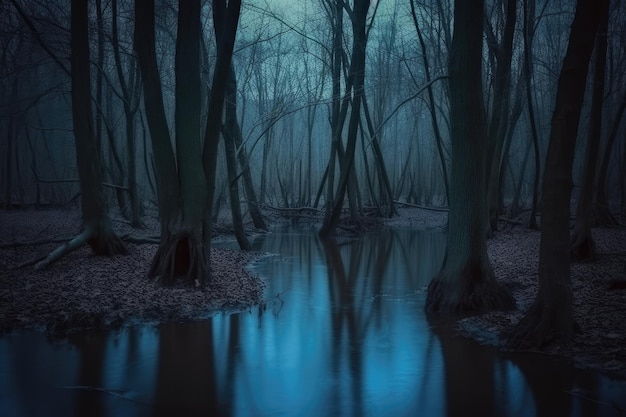 A dark forest with a stream and trees in the foreground.