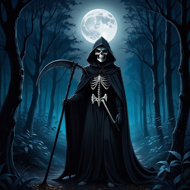 a dark forest with a sword and the moon in the background.