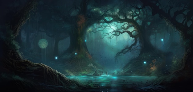 A dark forest with a tree in the middle and a blue water with a light on it.