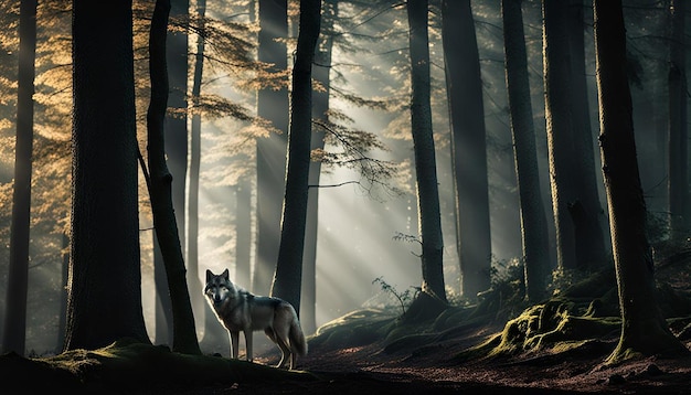 A dark forest with a wolf on the left side