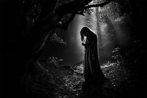 A dark forest with a woman in a long dress and a light on her head.