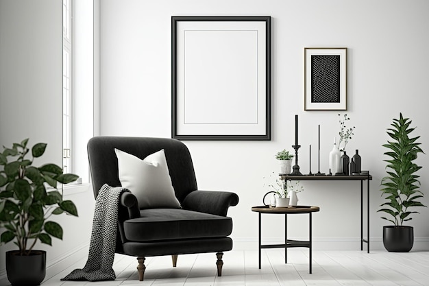 Dark furry carpet bare wooden frame on a white wall and a tiny table with a book and tea