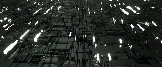 Dark futuristic city mechanism Abstract circuit board with glowing 3d render chips in cyberspace