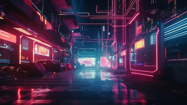 A dark, futuristic city with neon lights and a sign that says'cyberpunk '