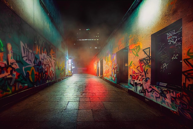 Dark futuristic cyberpunk city street with graffiti at night Urban night city Dystopia Street art Abstract airspray Vandalism Backdrop 3D illustration