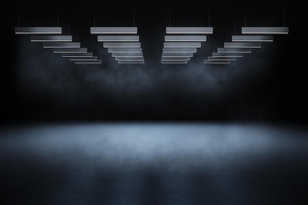 Dark futuristic design spacious empty hall with metallic lights on top and scattered light with foggy effect for company product or car presentation 3D rendering mock up