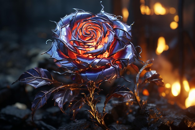 Dark and futuristic a metallic rose blooms in a cyberpunk world