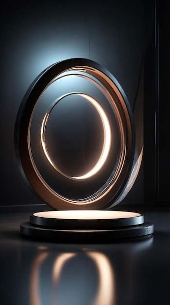 dark futuristic podium with circular lights for article presentations