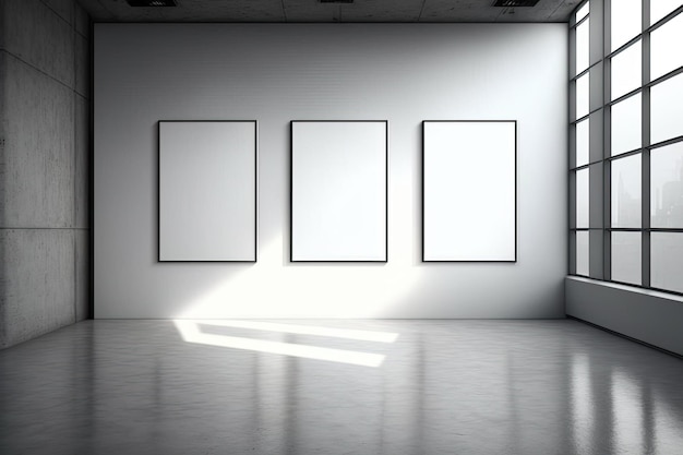 Dark gallery with three blank posters