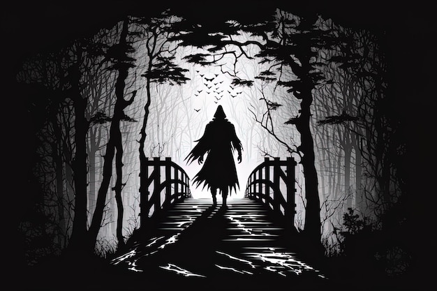 Dark ghost on bridge in the woods