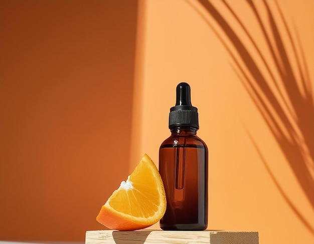 Dark Glass Cosmetic Bottle and Orange Slice on Wooden Podium with Orange Background Vitamin Boost