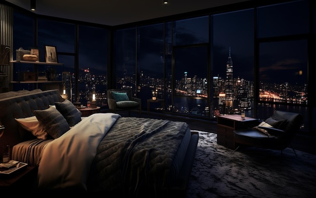 Dark and Gloomy Penthouse Bedroom at Night