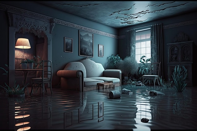 Dark gloomy room with furniture and decorated walls in flooded flat interior created with generative